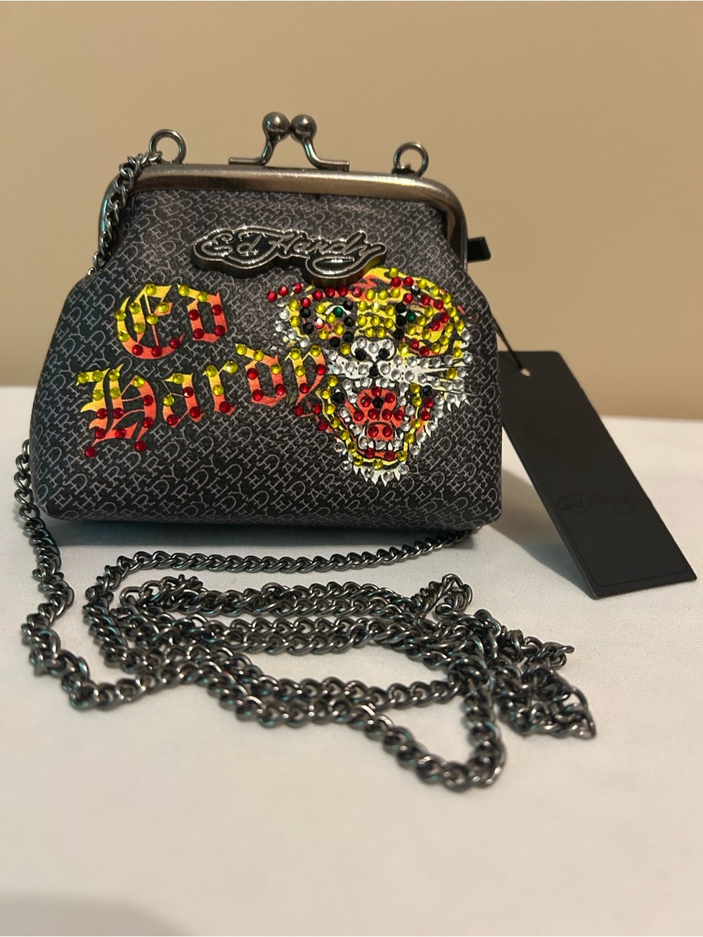 Ed Hardy Black Rhinestone Skull Kiss-Lock Crossbody Bag
